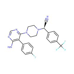 N#C[C@@H](c1ccc(C(F)(F)F)cc1)N1CCN(c2ncnc(N)c2-c2ccc(F)cc2)CC1 ZINC000219314096