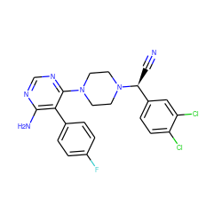 N#C[C@@H](c1ccc(Cl)c(Cl)c1)N1CCN(c2ncnc(N)c2-c2ccc(F)cc2)CC1 ZINC001772577279