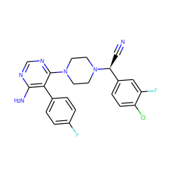 N#C[C@@H](c1ccc(Cl)c(F)c1)N1CCN(c2ncnc(N)c2-c2ccc(F)cc2)CC1 ZINC001772580933