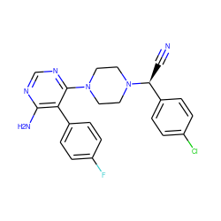 N#C[C@@H](c1ccc(Cl)cc1)N1CCN(c2ncnc(N)c2-c2ccc(F)cc2)CC1 ZINC000219305913