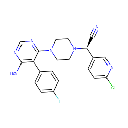 N#C[C@@H](c1ccc(Cl)nc1)N1CCN(c2ncnc(N)c2-c2ccc(F)cc2)CC1 ZINC000219042337