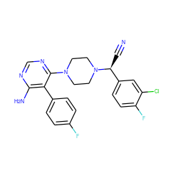 N#C[C@@H](c1ccc(F)c(Cl)c1)N1CCN(c2ncnc(N)c2-c2ccc(F)cc2)CC1 ZINC001772615363