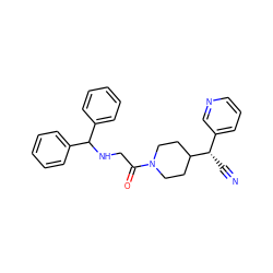 N#C[C@@H](c1cccnc1)C1CCN(C(=O)CNC(c2ccccc2)c2ccccc2)CC1 ZINC000013729338