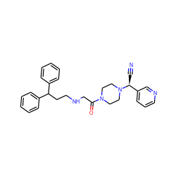 N#C[C@@H](c1cccnc1)N1CCN(C(=O)CNCCC(c2ccccc2)c2ccccc2)CC1 ZINC000013729264