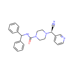 N#C[C@@H](c1cccnc1)N1CCN(C(=O)NC(c2ccccc2)c2ccccc2)CC1 ZINC000013729072