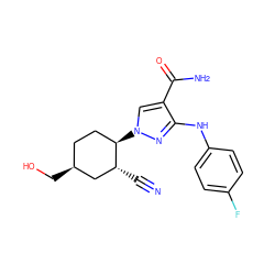 N#C[C@@H]1C[C@@H](CO)CC[C@H]1n1cc(C(N)=O)c(Nc2ccc(F)cc2)n1 ZINC000222970727