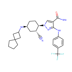 N#C[C@@H]1C[C@@H](NC2CC3(CCCC3)C2)CC[C@H]1n1cc(C(N)=O)c(Nc2ccc(C(F)(F)F)cc2)n1 ZINC000221889305