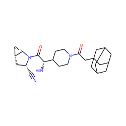 N#C[C@@H]1C[C@@H]2C[C@@H]2N1C(=O)[C@@H](N)C1CCN(C(=O)CC23CC4CC(CC(C4)C2)C3)CC1 ZINC000095588684