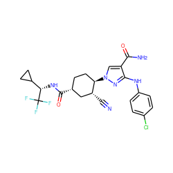 N#C[C@@H]1C[C@H](C(=O)N[C@@H](C2CC2)C(F)(F)F)CC[C@H]1n1cc(C(N)=O)c(Nc2ccc(Cl)cc2)n1 ZINC000221871117