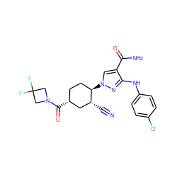 N#C[C@@H]1C[C@H](C(=O)N2CC(F)(F)C2)CC[C@H]1n1cc(C(N)=O)c(Nc2ccc(Cl)cc2)n1 ZINC000221870945