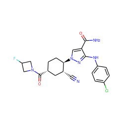 N#C[C@@H]1C[C@H](C(=O)N2CC(F)C2)CC[C@H]1n1cc(C(N)=O)c(Nc2ccc(Cl)cc2)n1 ZINC000221871179