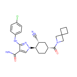 N#C[C@@H]1C[C@H](C(=O)N2CC3(CCC3)C2)CC[C@H]1n1cc(C(N)=O)c(Nc2ccc(Cl)cc2)n1 ZINC000221863554