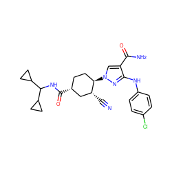 N#C[C@@H]1C[C@H](C(=O)NC(C2CC2)C2CC2)CC[C@H]1n1cc(C(N)=O)c(Nc2ccc(Cl)cc2)n1 ZINC000221863606