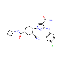 N#C[C@@H]1C[C@H](C(=O)NC2CCC2)CC[C@H]1n1cc(C(N)=O)c(Nc2ccc(Cl)cc2)n1 ZINC000221865028