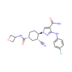 N#C[C@@H]1C[C@H](C(=O)NC2COC2)CC[C@H]1n1cc(C(N)=O)c(Nc2ccc(Cl)cc2)n1 ZINC000221864833