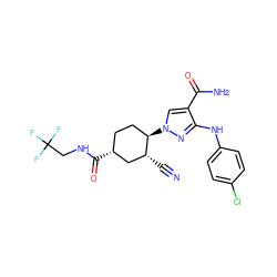 N#C[C@@H]1C[C@H](C(=O)NCC(F)(F)F)CC[C@H]1n1cc(C(N)=O)c(Nc2ccc(Cl)cc2)n1 ZINC000221865148