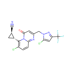 N#C[C@@H]1C[C@H]1c1c(Cl)ccc2nc(Cn3nc(C(F)(F)F)cc3Cl)cc(=O)n12 ZINC000585163318