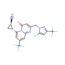 N#C[C@@H]1C[C@H]1c1cc(C(F)(F)F)cc2nc(Cn3nc(C(F)(F)F)cc3Cl)cc(=O)n12 ZINC001772578314