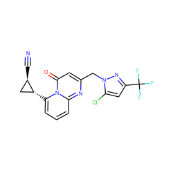 N#C[C@@H]1C[C@H]1c1cccc2nc(Cn3nc(C(F)(F)F)cc3Cl)cc(=O)n12 ZINC001772624359