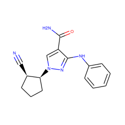 N#C[C@@H]1CCC[C@@H]1n1cc(C(N)=O)c(Nc2ccccc2)n1 ZINC000205045846