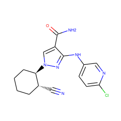 N#C[C@@H]1CCCC[C@H]1n1cc(C(N)=O)c(Nc2ccc(Cl)nc2)n1 ZINC000219286690