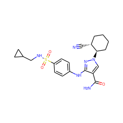 N#C[C@@H]1CCCC[C@H]1n1cc(C(N)=O)c(Nc2ccc(S(=O)(=O)NCC3CC3)cc2)n1 ZINC000221854428