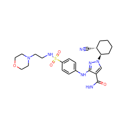 N#C[C@@H]1CCCC[C@H]1n1cc(C(N)=O)c(Nc2ccc(S(=O)(=O)NCCN3CCOCC3)cc2)n1 ZINC000221222626