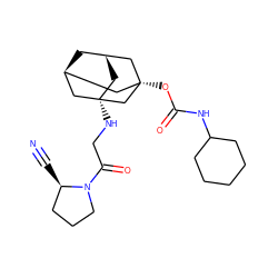 N#C[C@@H]1CCCN1C(=O)CN[C@@]12C[C@@H]3C[C@H](C1)C[C@@](OC(=O)NC1CCCCC1)(C3)C2 ZINC000103258418