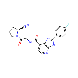 N#C[C@@H]1CCCN1C(=O)CNC(=O)c1ccnc2[nH]c(-c3ccc(F)cc3)nc12 ZINC000169310711