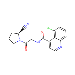 N#C[C@@H]1CCCN1C(=O)CNC(=O)c1ccnc2cccc(Cl)c12 ZINC000096270280