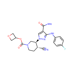 N#C[C@@H]1CCN(C(=O)OC2COC2)C[C@H]1n1cc(C(N)=O)c(Nc2ccc(F)cc2)n1 ZINC000204939059