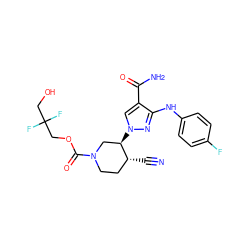 N#C[C@@H]1CCN(C(=O)OCC(F)(F)CO)C[C@H]1n1cc(C(N)=O)c(Nc2ccc(F)cc2)n1 ZINC000221256317