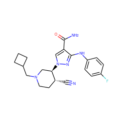 N#C[C@@H]1CCN(CC2CCC2)C[C@H]1n1cc(C(N)=O)c(Nc2ccc(F)cc2)n1 ZINC000220673690