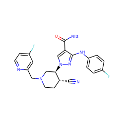 N#C[C@@H]1CCN(Cc2cc(F)ccn2)C[C@H]1n1cc(C(N)=O)c(Nc2ccc(F)cc2)n1 ZINC000220734492