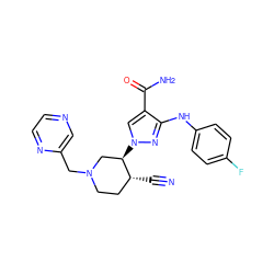 N#C[C@@H]1CCN(Cc2cnccn2)C[C@H]1n1cc(C(N)=O)c(Nc2ccc(F)cc2)n1 ZINC000220711606