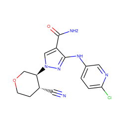 N#C[C@@H]1CCOC[C@H]1n1cc(C(N)=O)c(Nc2ccc(Cl)nc2)n1 ZINC000220672557