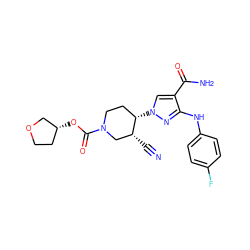 N#C[C@@H]1CN(C(=O)O[C@@H]2CCOC2)CC[C@@H]1n1cc(C(N)=O)c(Nc2ccc(F)cc2)n1 ZINC000205048393