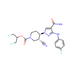 N#C[C@@H]1CN(C(=O)OC(CF)CF)CC[C@H]1n1cc(C(N)=O)c(Nc2ccc(F)cc2)n1 ZINC000220701433