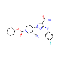 N#C[C@@H]1CN(C(=O)OC2CCCCC2)CC[C@@H]1n1cc(C(N)=O)c(Nc2ccc(F)cc2)n1 ZINC000205039459