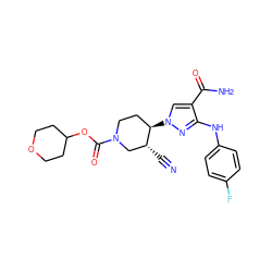 N#C[C@@H]1CN(C(=O)OC2CCOCC2)CC[C@H]1n1cc(C(N)=O)c(Nc2ccc(F)cc2)n1 ZINC000205039093