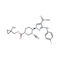 N#C[C@@H]1CN(C(=O)OCC2(N)CC2)CC[C@H]1n1cc(C(N)=O)c(Nc2ccc(F)cc2)n1 ZINC000220732667