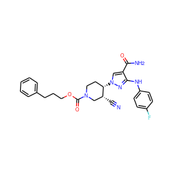 N#C[C@@H]1CN(C(=O)OCCCc2ccccc2)CC[C@@H]1n1cc(C(N)=O)c(Nc2ccc(F)cc2)n1 ZINC000205029732