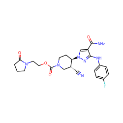 N#C[C@@H]1CN(C(=O)OCCN2CCCC2=O)CC[C@H]1n1cc(C(N)=O)c(Nc2ccc(F)cc2)n1 ZINC000221255390