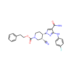 N#C[C@@H]1CN(C(=O)OCCc2ccccc2)CC[C@@H]1n1cc(C(N)=O)c(Nc2ccc(F)cc2)n1 ZINC000205064075