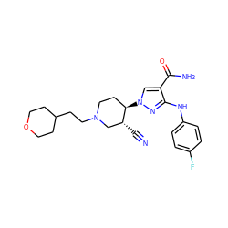 N#C[C@@H]1CN(CCC2CCOCC2)CC[C@H]1n1cc(C(N)=O)c(Nc2ccc(F)cc2)n1 ZINC000220725774