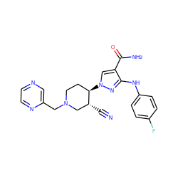 N#C[C@@H]1CN(Cc2cnccn2)CC[C@H]1n1cc(C(N)=O)c(Nc2ccc(F)cc2)n1 ZINC000220720205