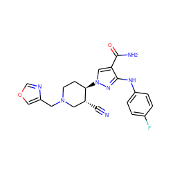 N#C[C@@H]1CN(Cc2cocn2)CC[C@H]1n1cc(C(N)=O)c(Nc2ccc(F)cc2)n1 ZINC000220708870