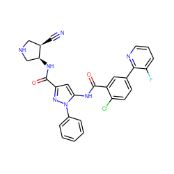 N#C[C@@H]1CNC[C@@H]1NC(=O)c1cc(NC(=O)c2cc(-c3ncccc3F)ccc2Cl)n(-c2ccccc2)n1 ZINC001772647072