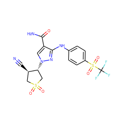 N#C[C@@H]1CS(=O)(=O)C[C@H]1n1cc(C(N)=O)c(Nc2ccc(S(=O)(=O)C(F)(F)F)cc2)n1 ZINC000220683412