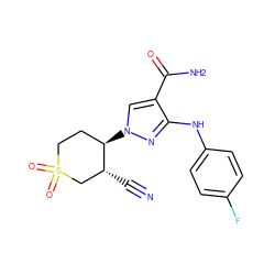 N#C[C@@H]1CS(=O)(=O)CC[C@H]1n1cc(C(N)=O)c(Nc2ccc(F)cc2)n1 ZINC000220672019